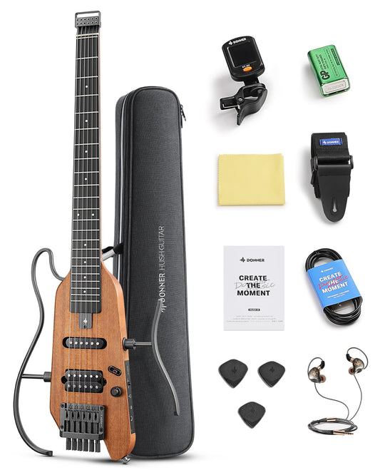 Donner HUSH-X Headless E-Gitarre Reise-Set, Mahagoni Massivkorpus, ultraleicht, inkl. Gigbag & Zubehör