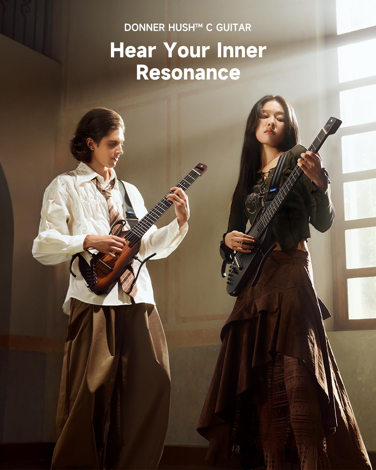 Donner Hush C elektroakustische Konzertgitarre (Nylon), Reisegitarre mit Tuner & Kopfhöreranschluss, Sunburst