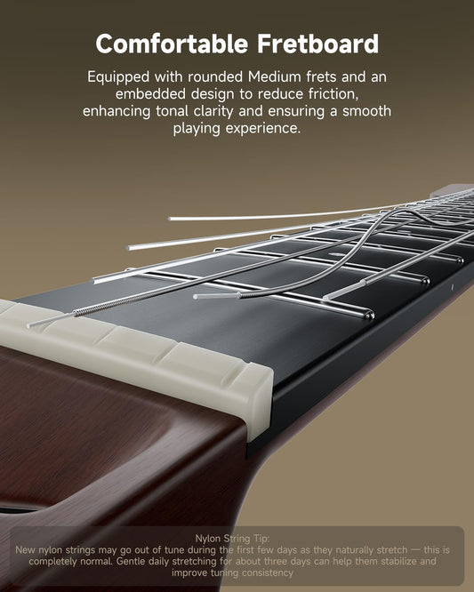 Donner Hush C elektroakustische Konzertgitarre (Nylon), Reisegitarre mit Tuner & Kopfhöreranschluss, Sunburst