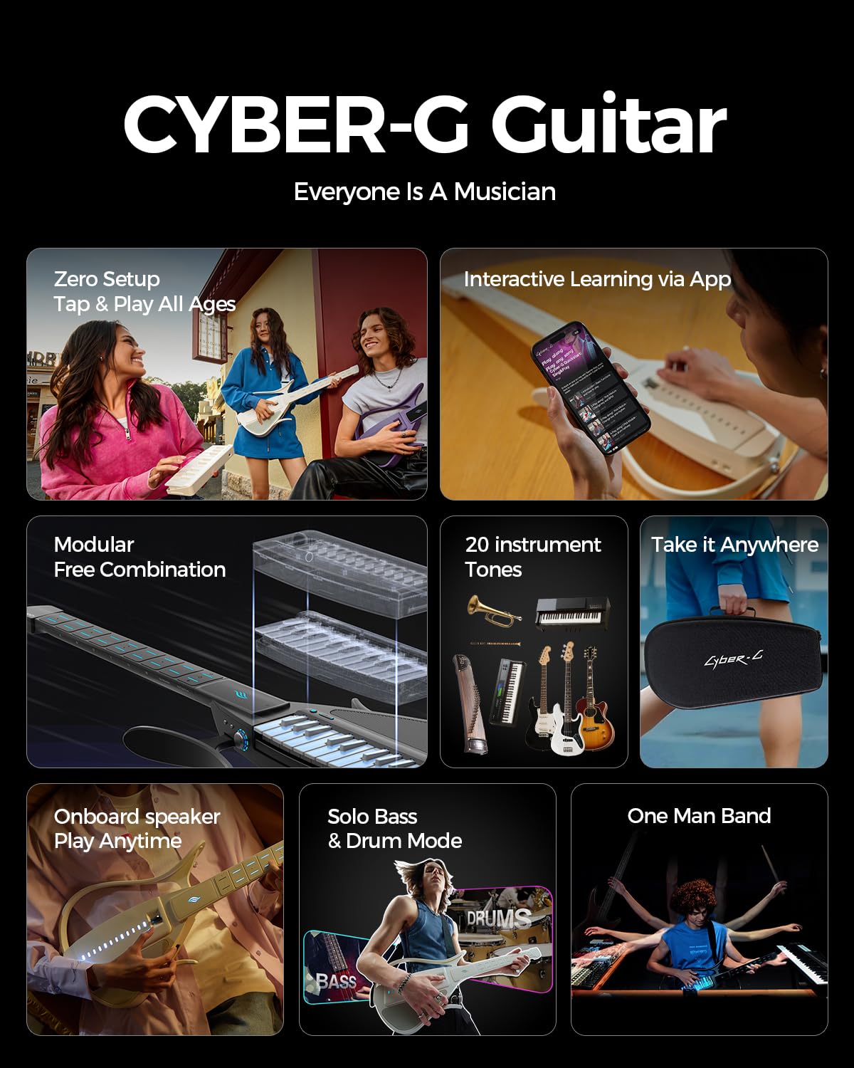 Enya CYBER-G Smart Guitar ohne Saiten, faltbar, Drum & Bass, Presets, App-Akkordsheets