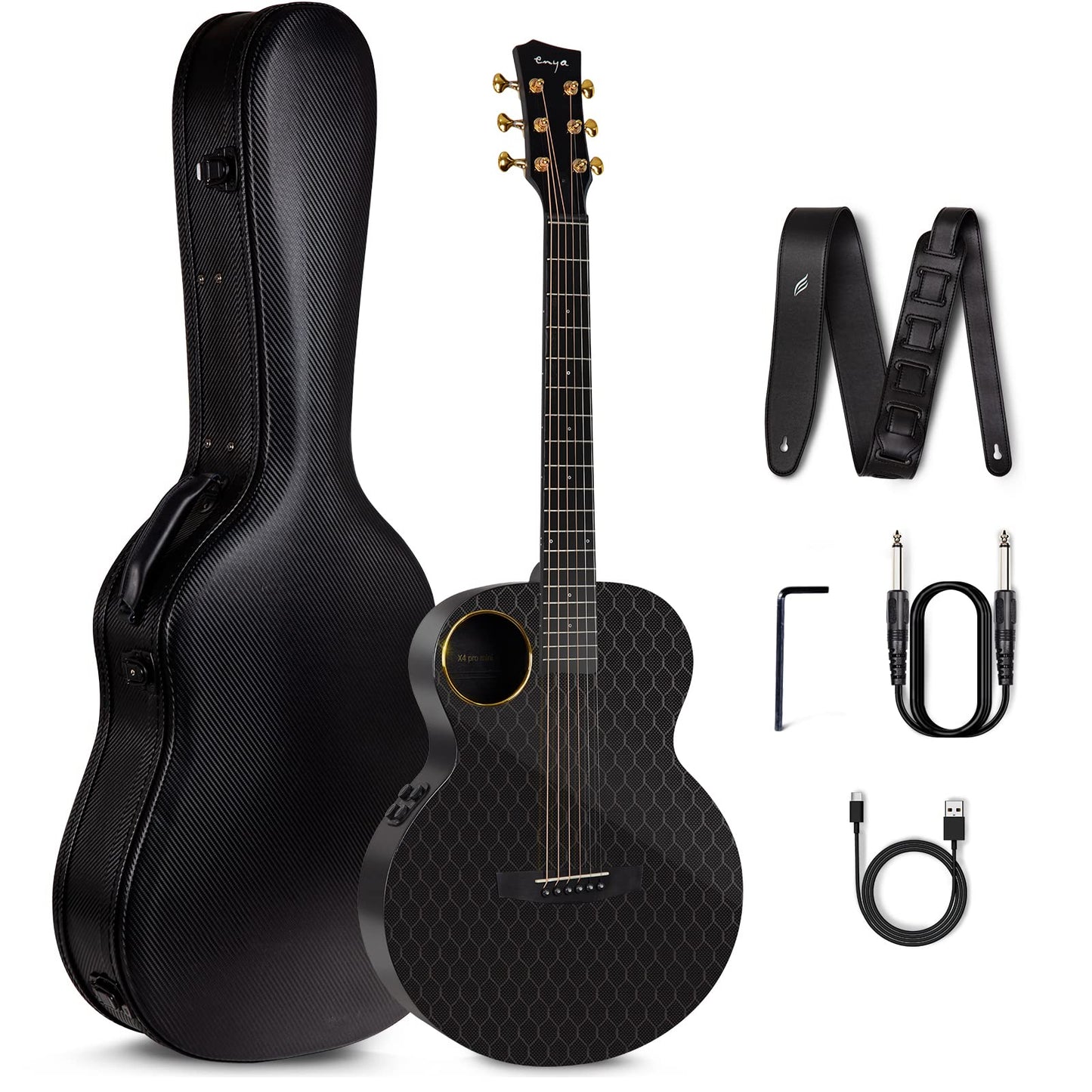 Enya X4 Pro 36" Elektro-Akustik Carbon 3/4 Set, Cutaway, Smart Tonabnehmer, Reisegitarre, inkl. Kit